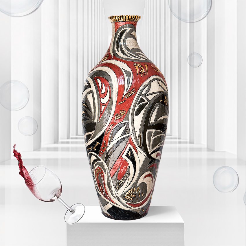 “Virus” — painted earthenware vessel by Lucinda Mudge