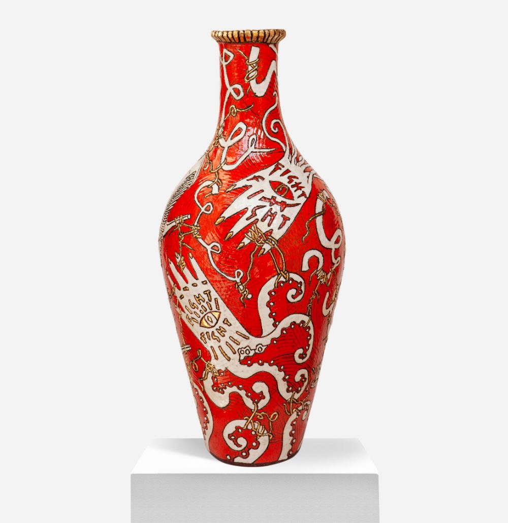 “Fight” — red earthenware vessel with white and gold figures